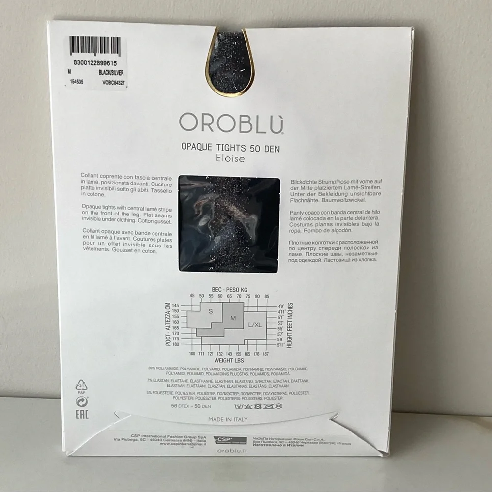 Oroblù Eloise Opaque Tights 50 Black/Silver Size M NWT Made in Italy